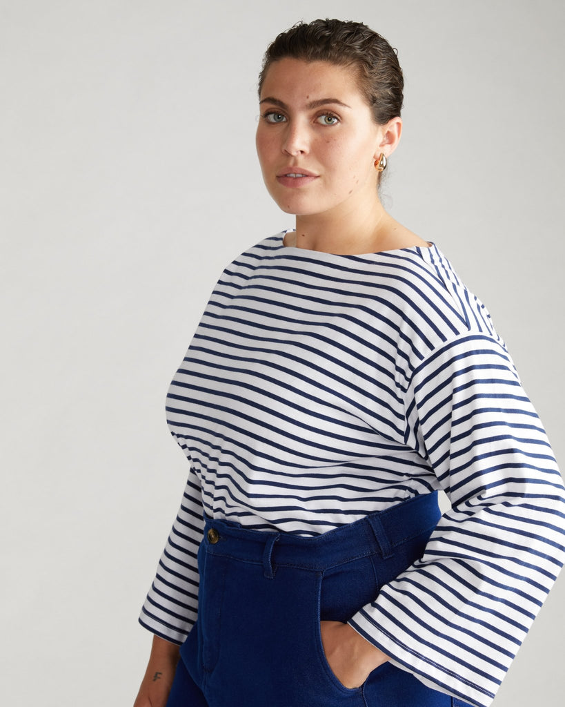 Montauk Breton Stripe Bell Sleeve Top - White/Cenote Stripe (sizes 00 - 40) - Hyperbole