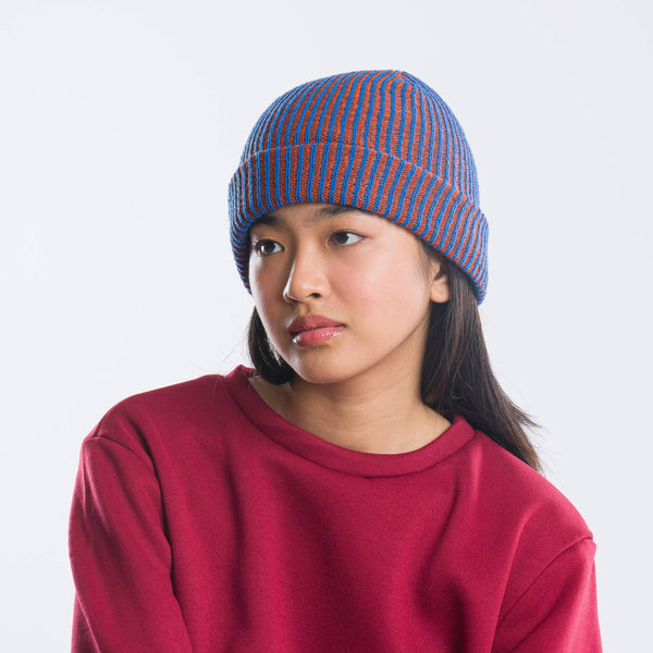 Simple Rib Knit Beanie - Cobalt Rust - Hyperbole